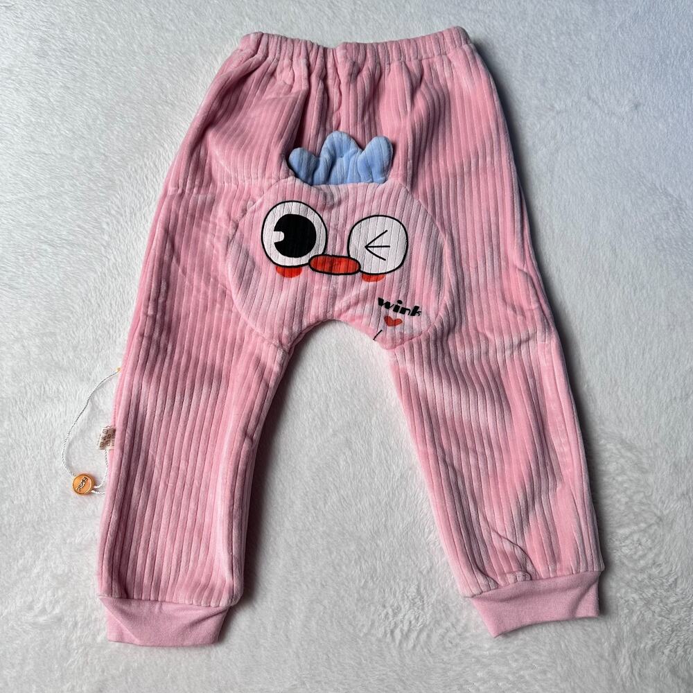 Baby 18-24m 2T Pink Ribbed Plush Cozy Fleece Pants 3D Cartoon Wink Face on Rear